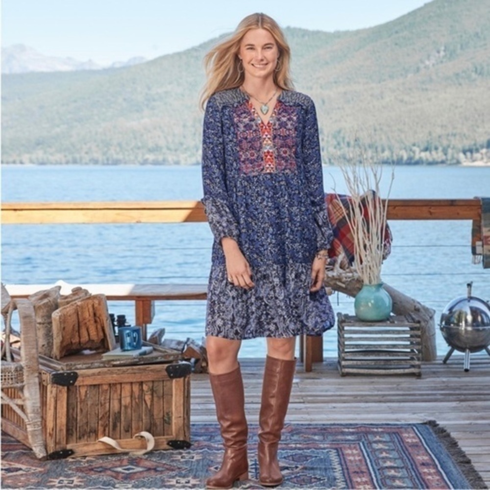 Sundance Talluah Folk Navy Multi Pattern Oversized Dress with Embroidered Bib